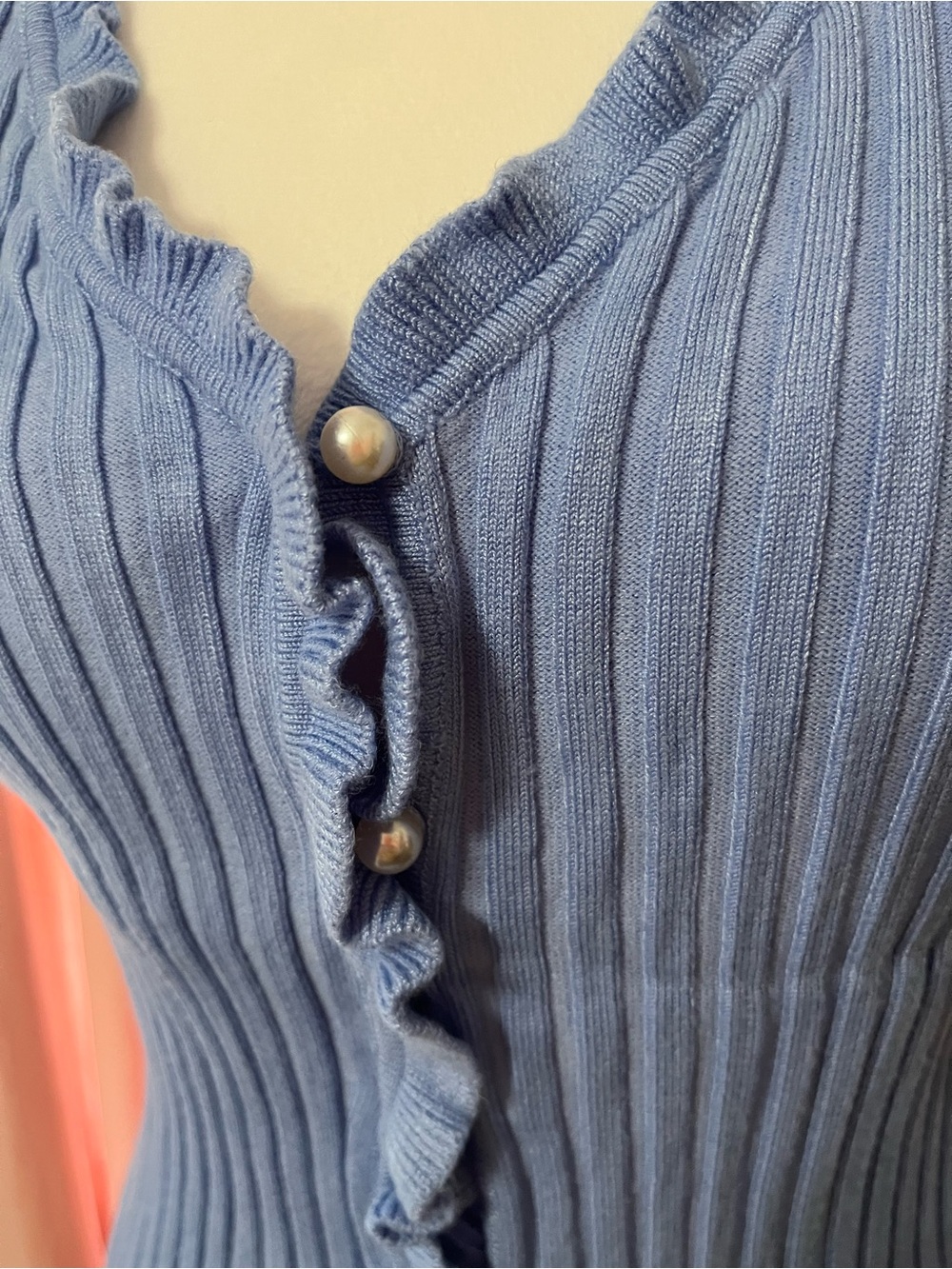 vestique Light Blue Ribbed Ruffle-Trim Button Front Top - Picture 2 of 10